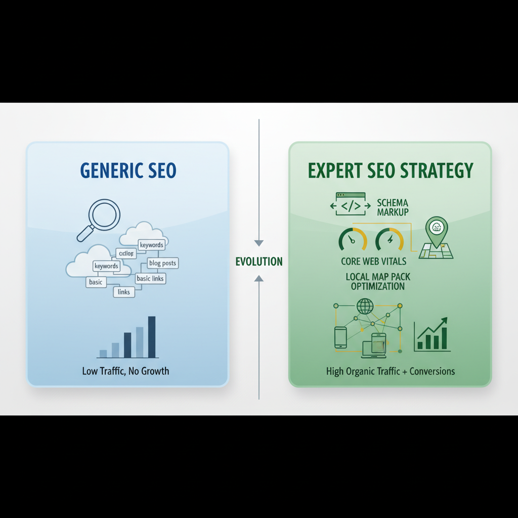 Comparison chart showing the difference between basic and expert SEO strategies