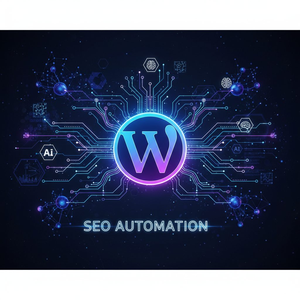 Illustration representing AI SEO for WordPress with neural network nodes connecting to website data
