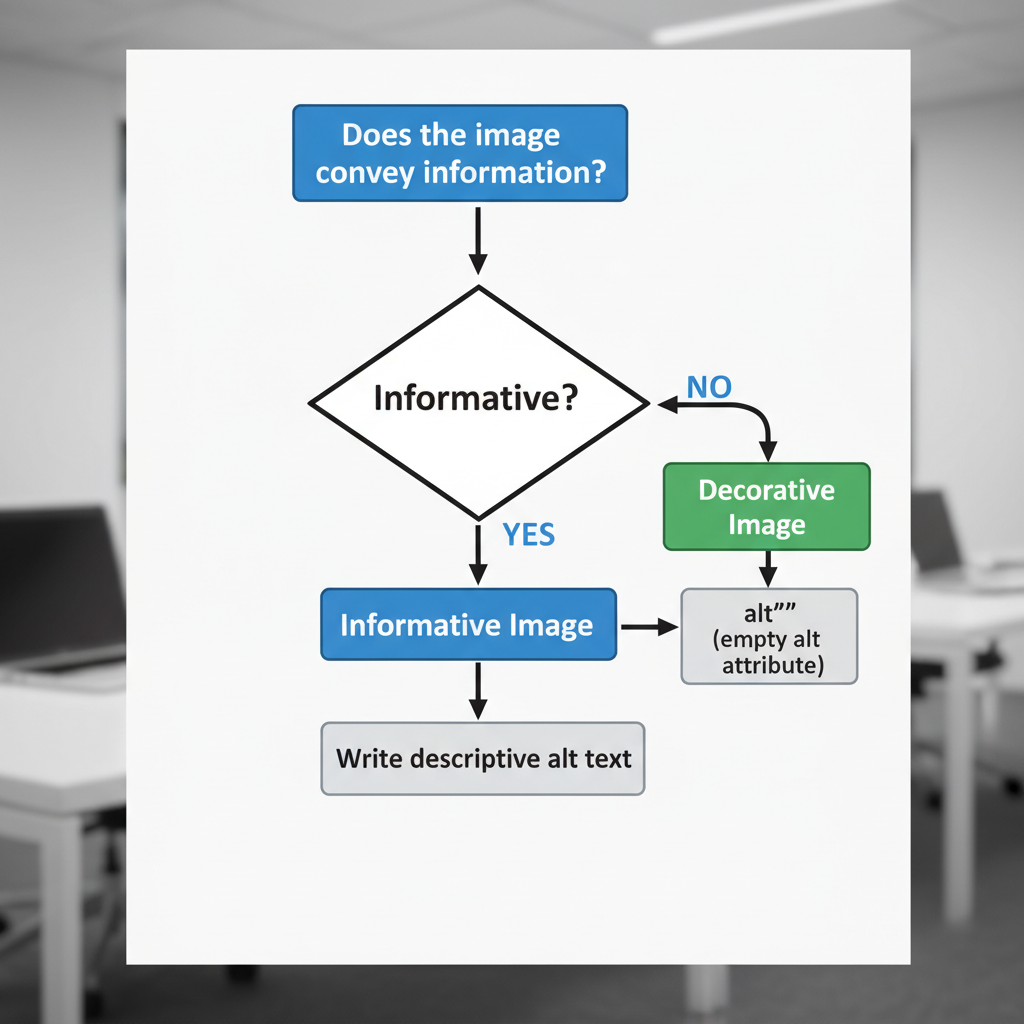 Decision tree flowchart showing when to use descriptive alt text versus an empty alt attribute based on image purpose.