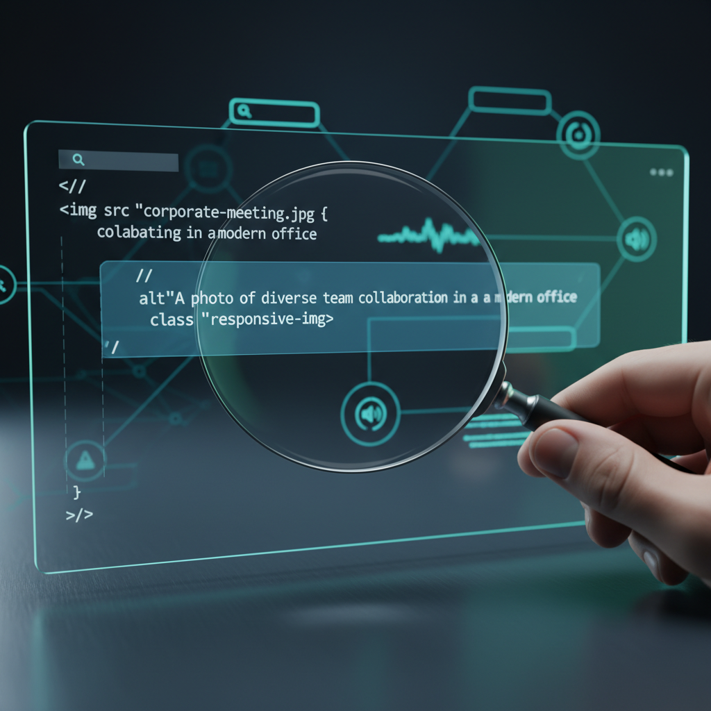 Illustration of a magnifying glass inspecting an HTML image tag and its alt attribute.