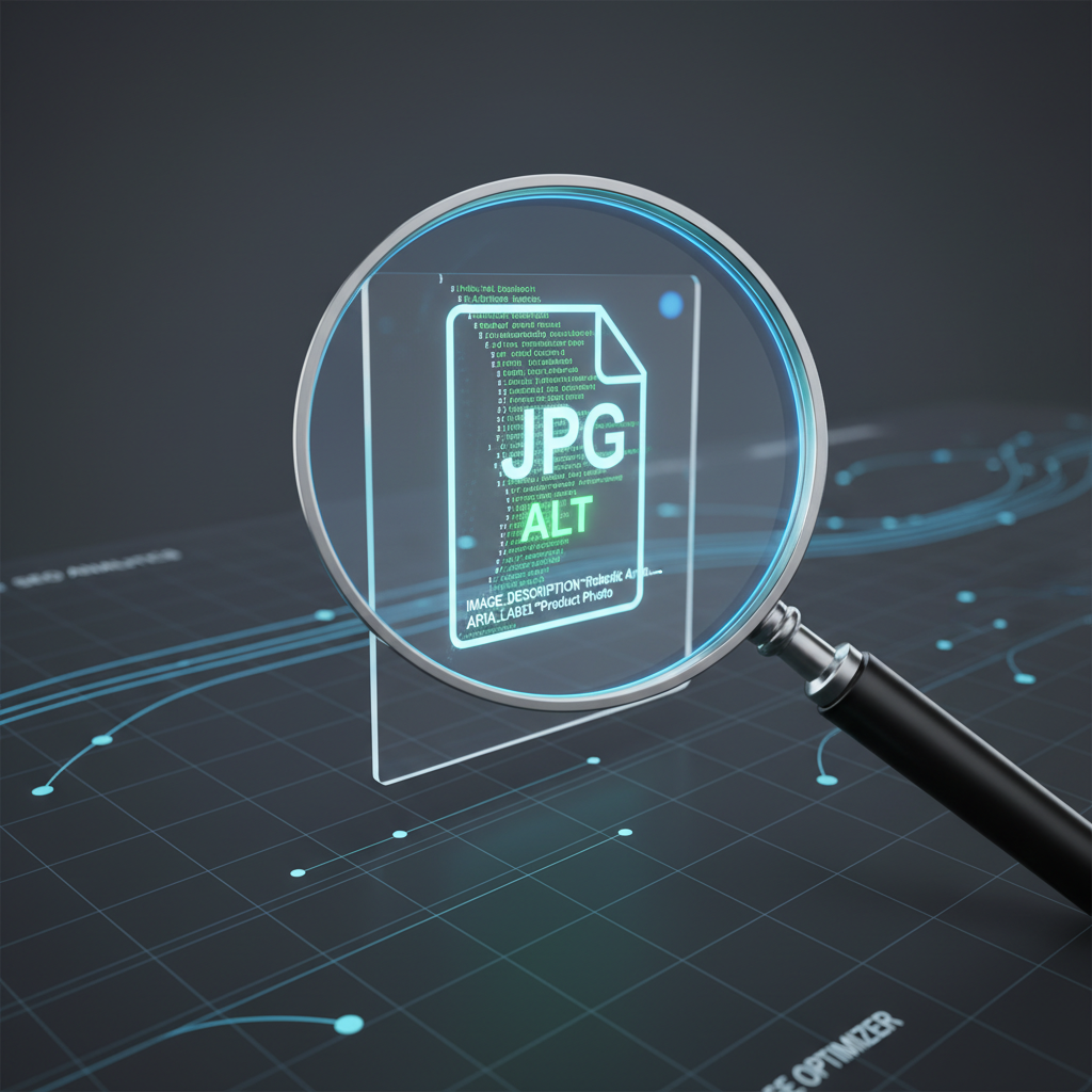 Conceptual illustration of an alt text validation tool analyzing an image file on a digital SEO dashboard