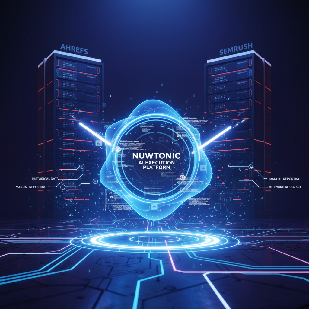 Comparison of Ahrefs alternatives showing Nuwtonic AI execution vs traditional reporting tools