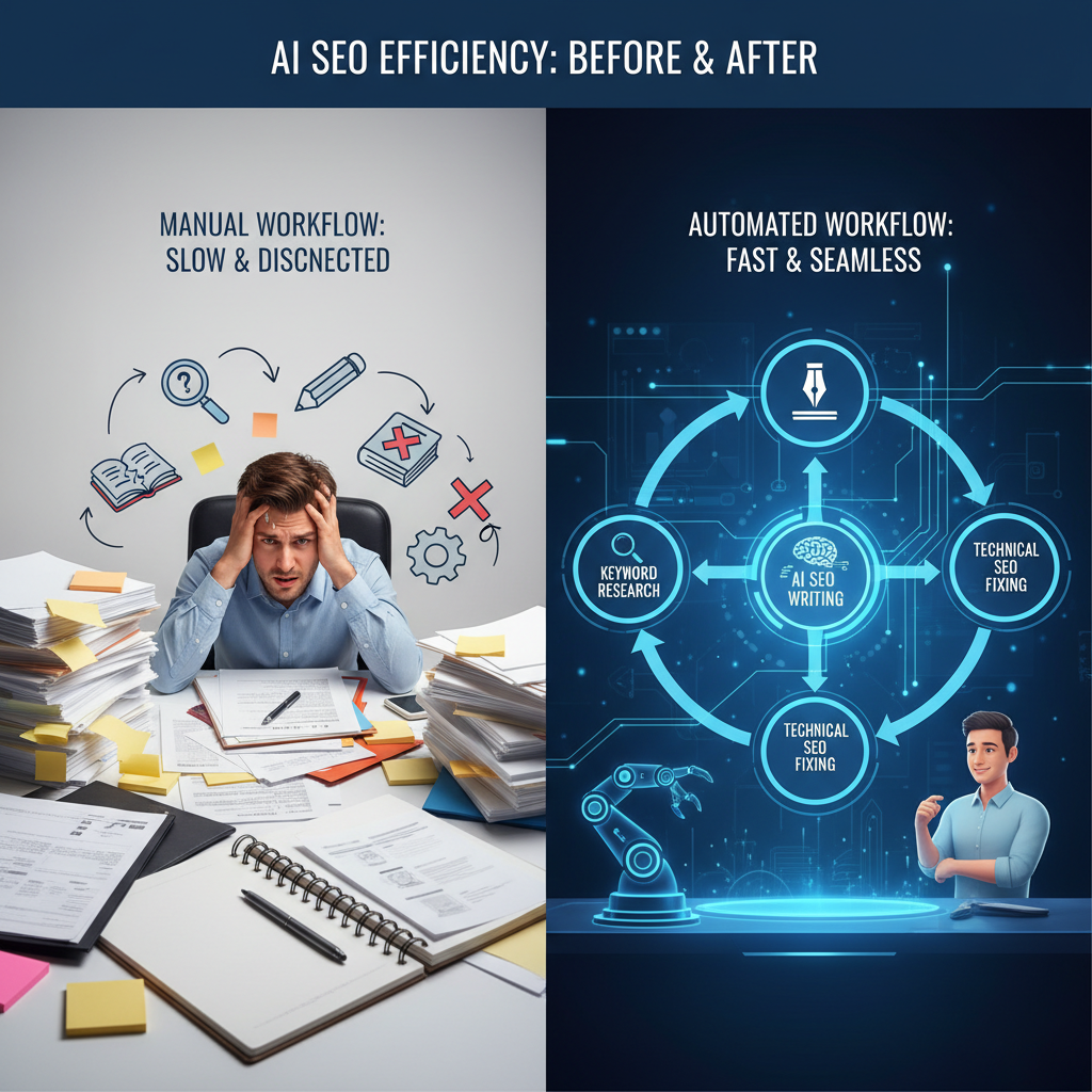 Comparison of manual SEO workflow versus automated AI SEO workflow