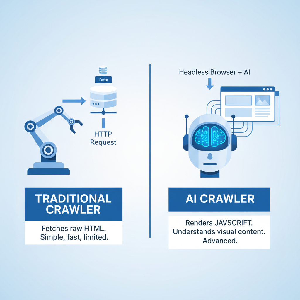 Comparison diagram showing simple HTTP request crawling versus advanced headless browser JavaScript rendering for broken link detection.