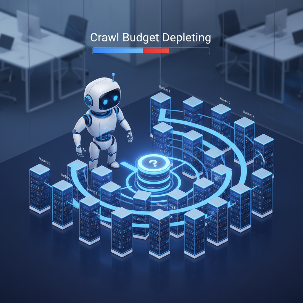 3D graphic showing a search engine crawler wasting its crawl budget navigating through a complex server redirect chain.