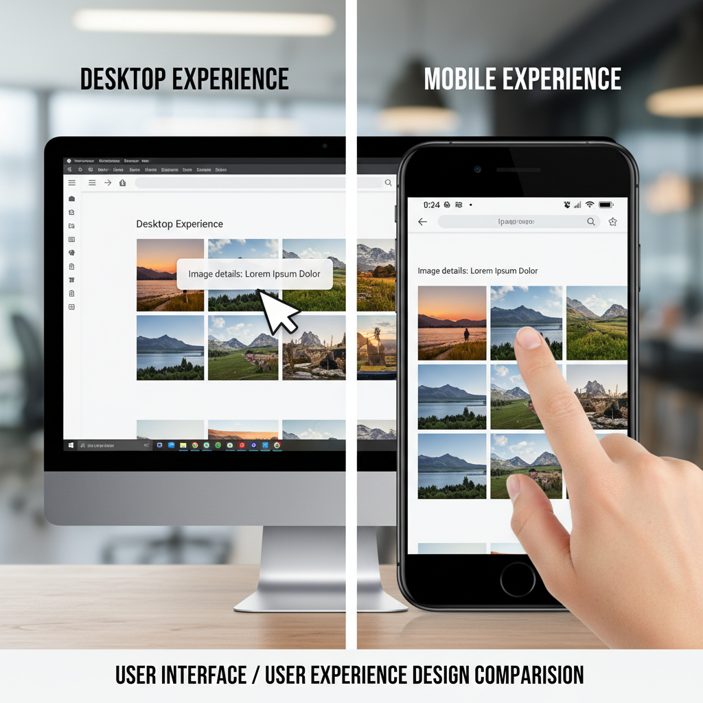 Split screen comparing a desktop mouse hover tooltip with a mobile touch screen interaction