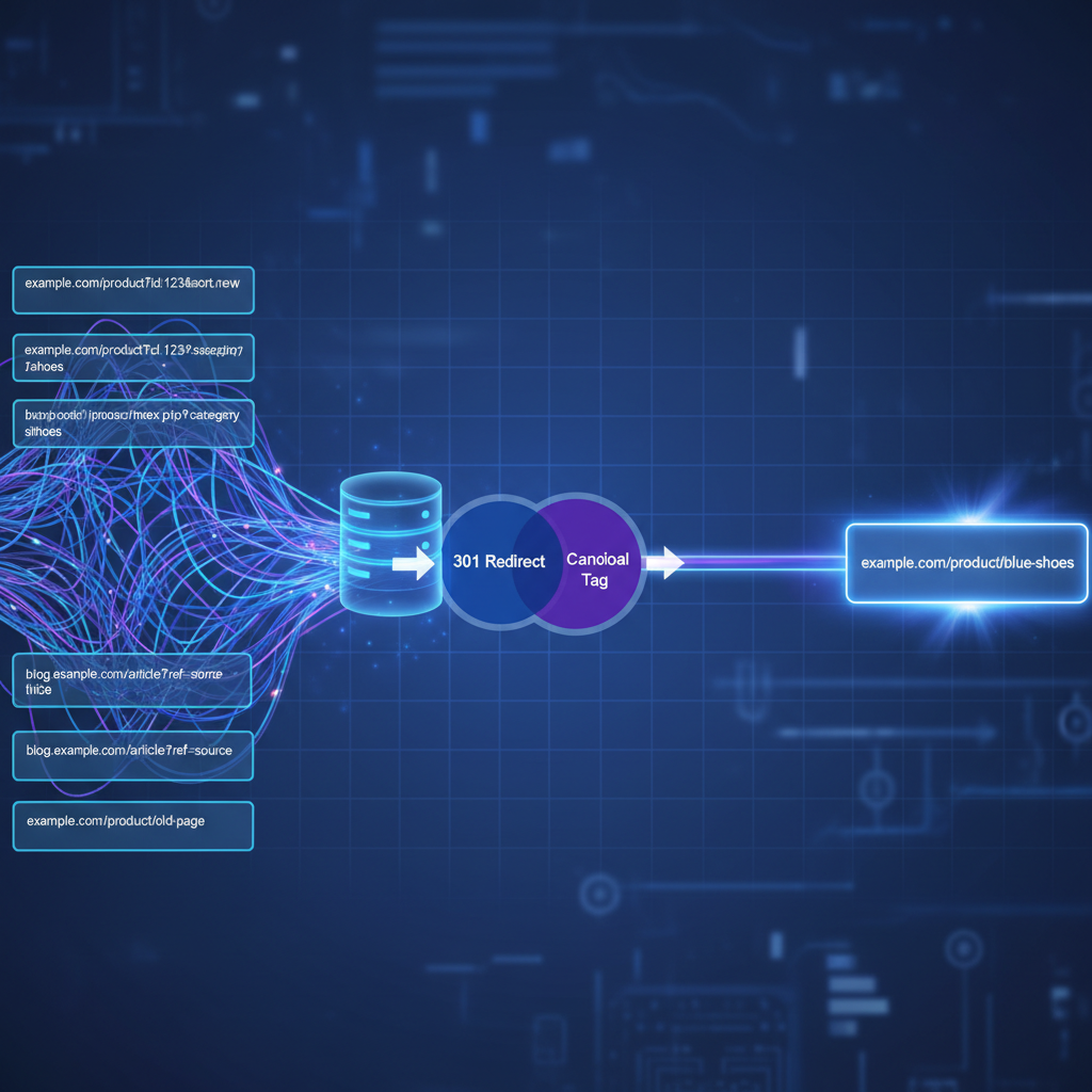 Diagram showing how 301 redirects and canonical tags consolidate duplicate URLs
