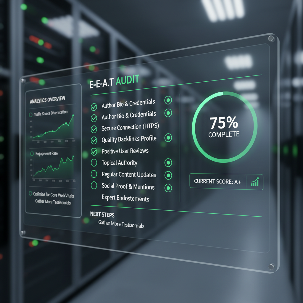An E-E-A-T audit scorecard showing a checklist of SEO trust signals and quality metrics.