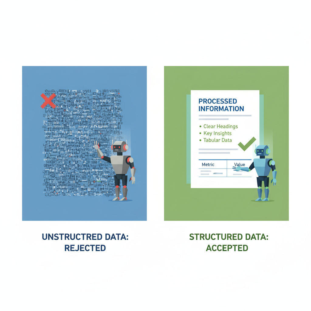 Comparison of unstructured text versus structured content optimized with tables and lists for LLM readability