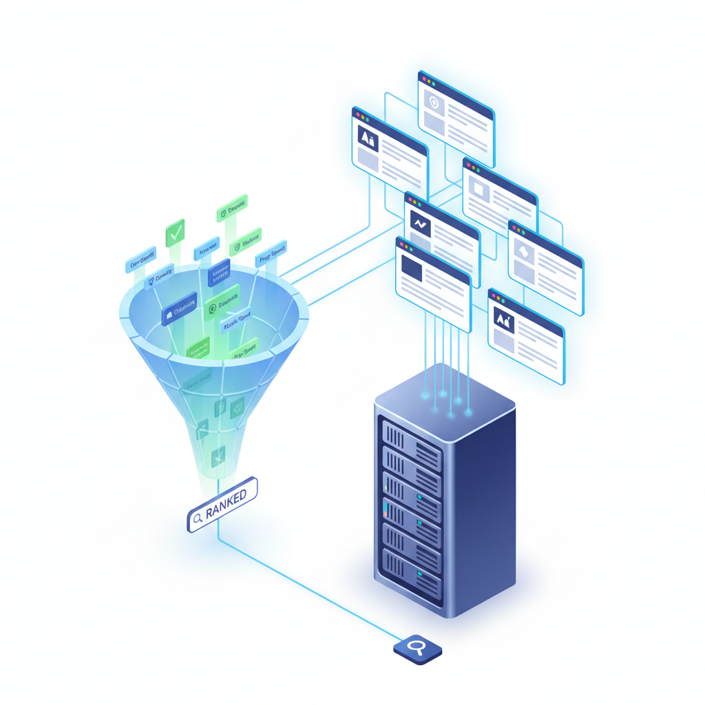 3D isometric diagram showing technical SEO architecture and internal linking structure