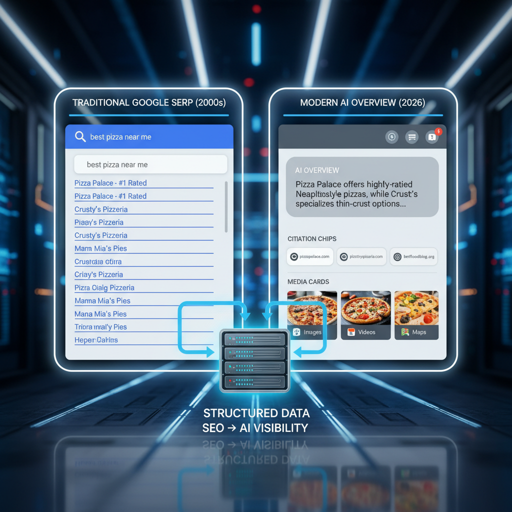 Comparison infographic between traditional SERP structure and Google AI Overview interface highlighting structured data inputs