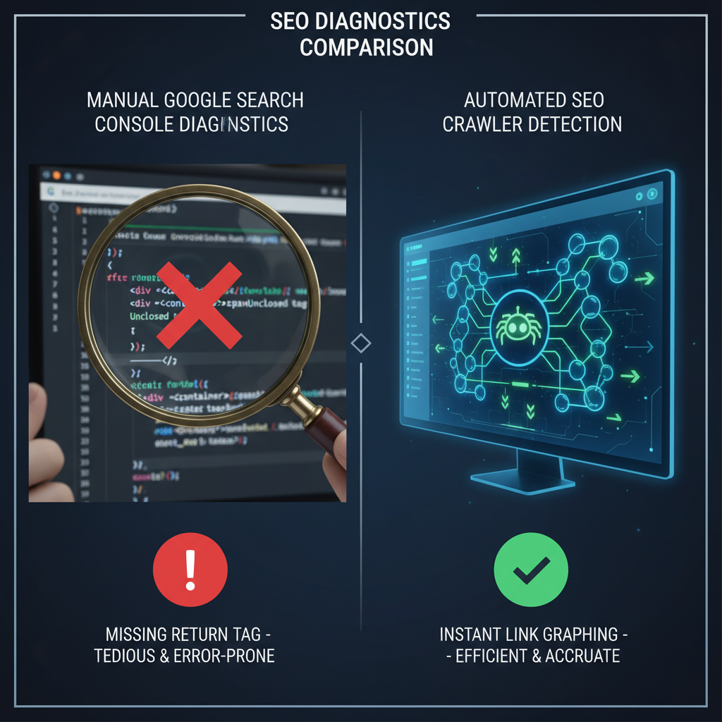 Comparison of manual hreflang tag inspection in HTML versus automated bidirectional link detection software.