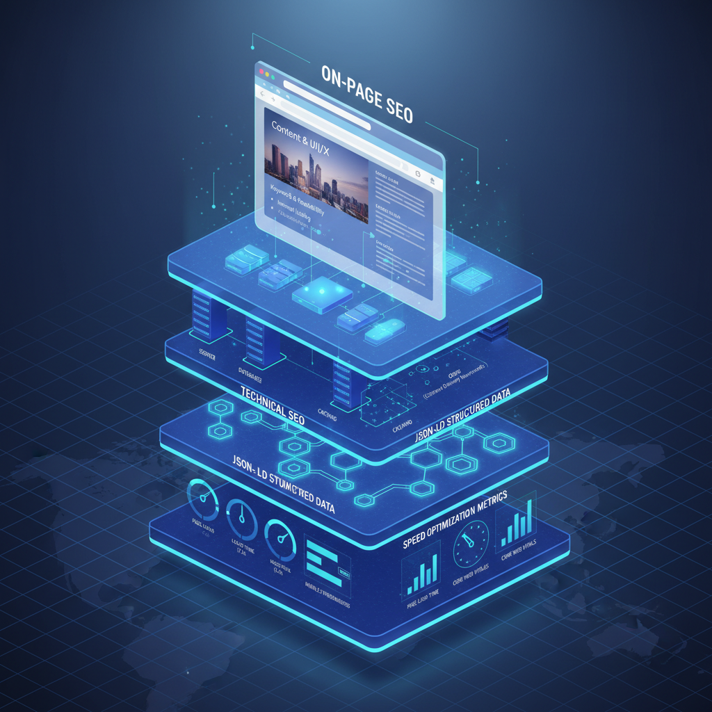 Isometric diagram showing the relationship between visible on-page content and underlying technical SEO infrastructure