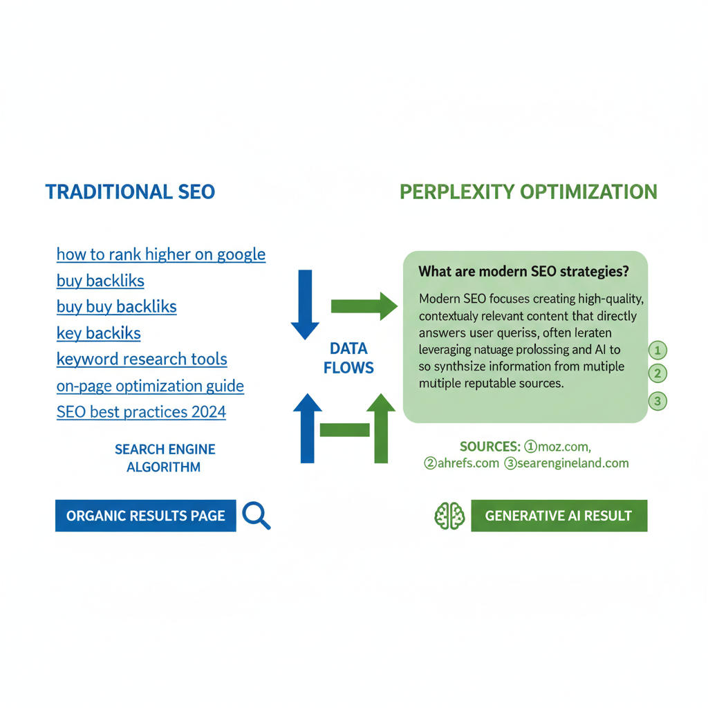 Diagram comparing Traditional Google Search results versus Perplexity AI answer synthesis