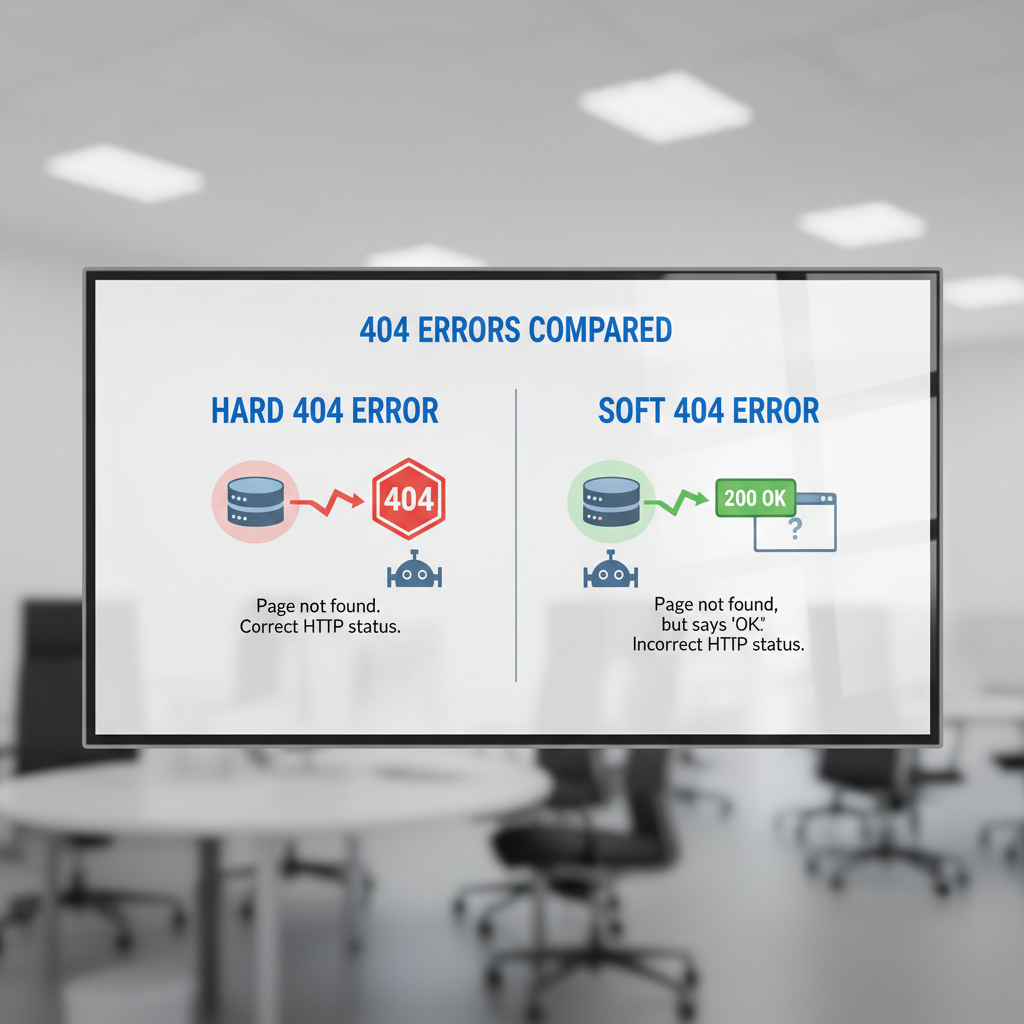 Infographic comparing Hard 404 server responses versus Soft 404 errors and their impact on search engine crawlers.